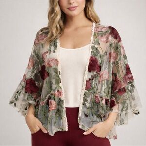 Altar'd State Women’s sheer mesh floral open front embroidered cardigan Sz S